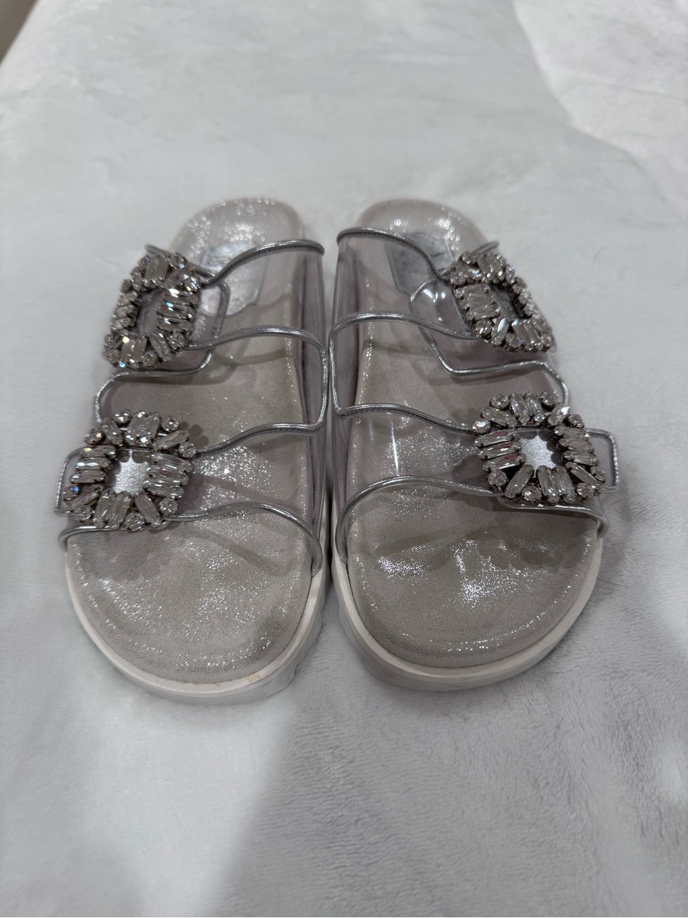 Roger Vivier Silver Crystal Buckle Triple-Strap Slide Sandals
